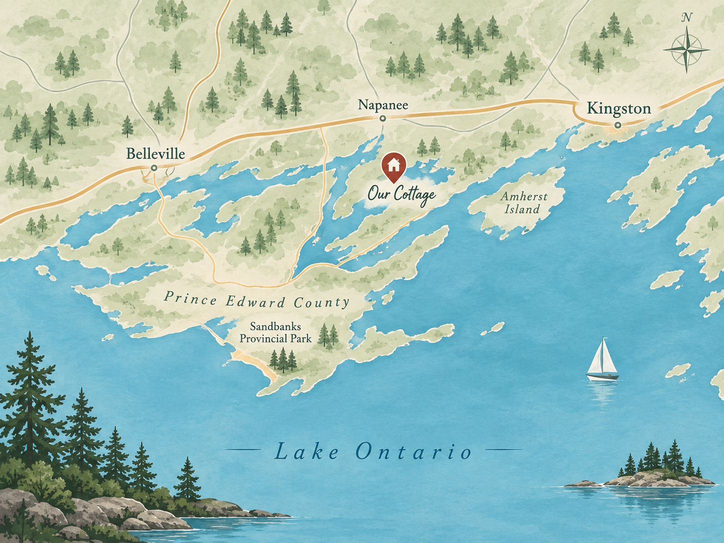 Illustrated map showing the cottage near Napanee, with Belleville, Kingston, Prince Edward County, Sandbanks Provincial Park, Amherst Island and Lake Ontario