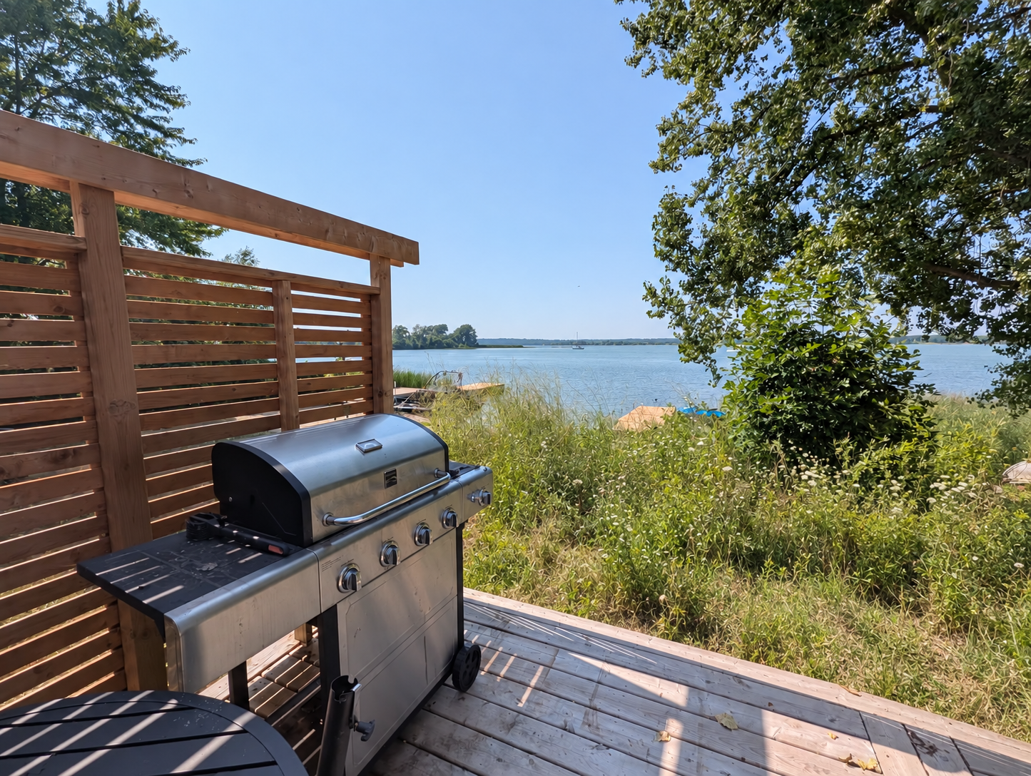 View across Hay Bay from the cottage deck beside the barbecue