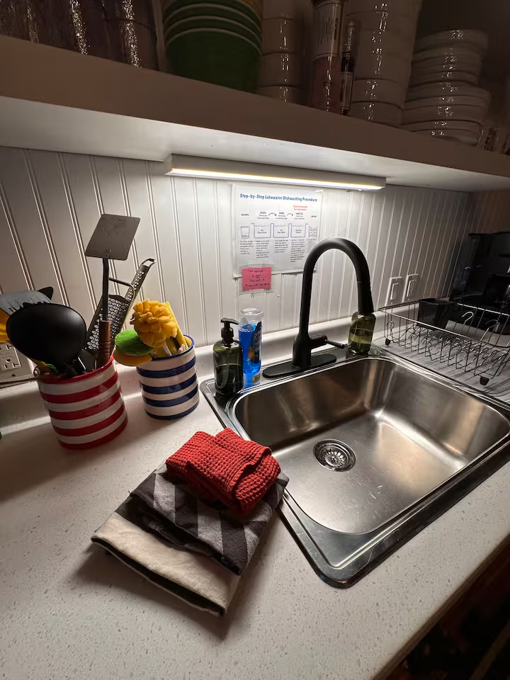 Stocked kitchen sink and dishware