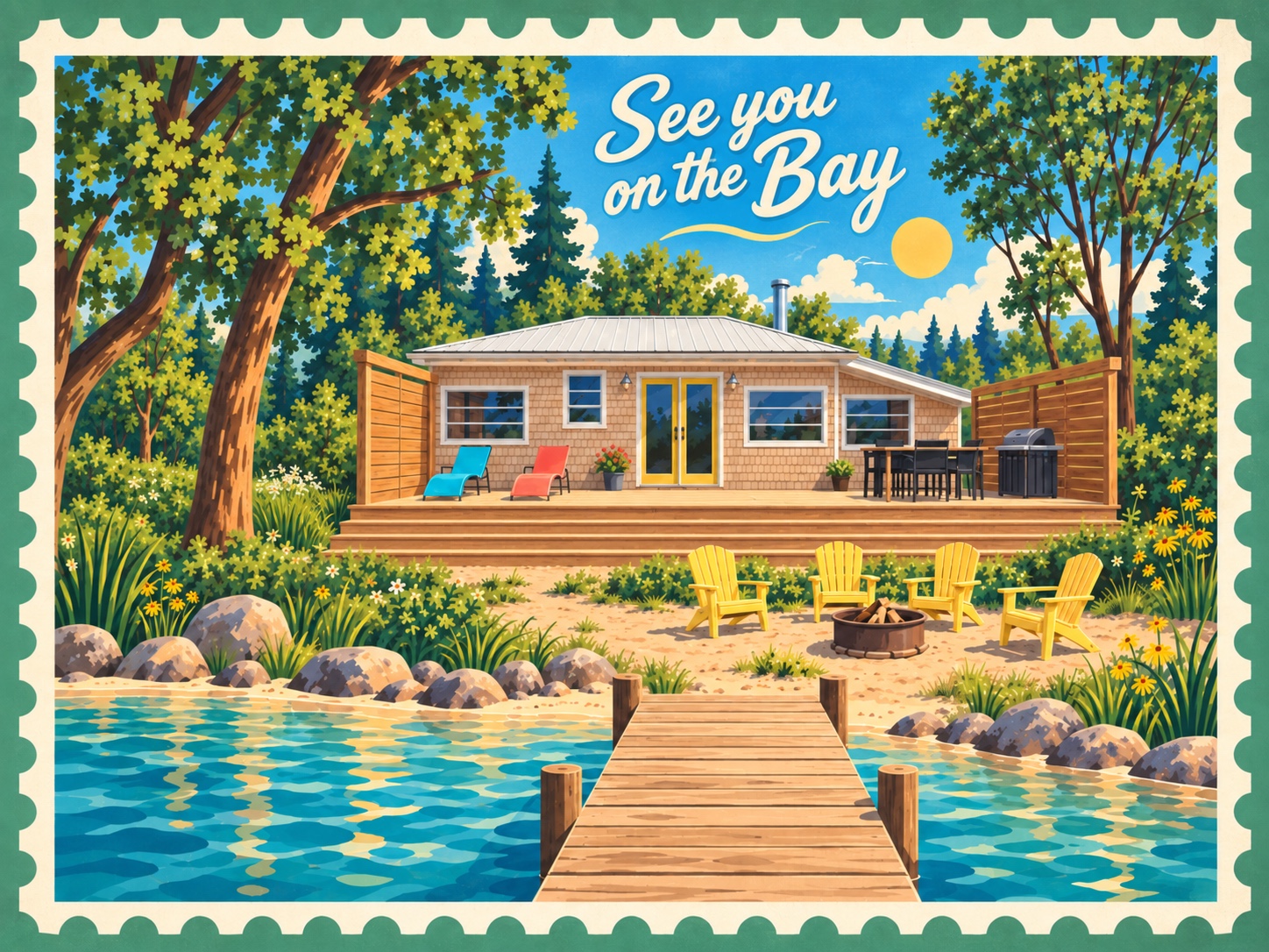 Illustrated Walleye Cove postcard: See you on the Bay, with the cottage, yellow beach chairs, and a dock leading to the water.